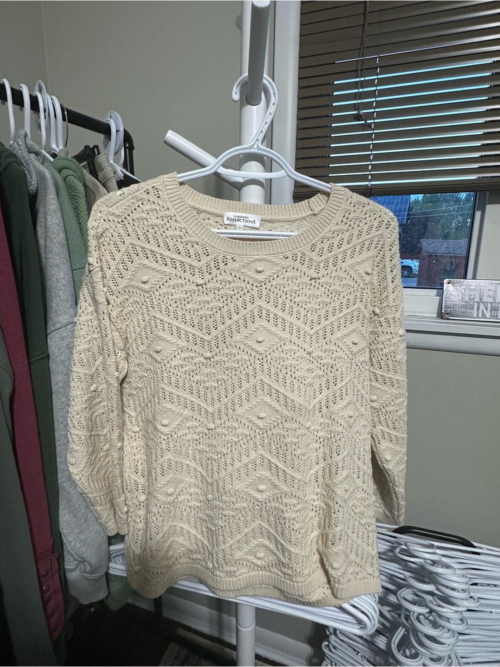 Northern Reflextioms Cream Open-Knit Crewneck Sweater boho cottage core small